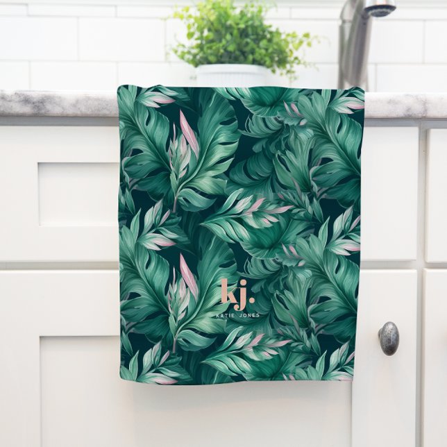 Tropische Blätter Rosa- und Grüne Monogram Teetuch Geschirrtuch (Von Creator hochgeladen)