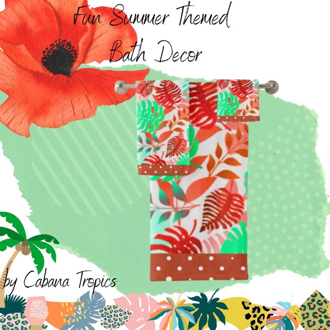 Tropische Blätter Rot, Grün, Korallen, Aquamarin,  Badhandtuch Set (Von Creator hochgeladen)