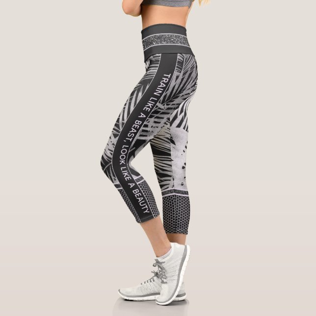 Tropische Blätter Schwarz/Weiß Glitzer stilvoll Capri Leggings (Links)