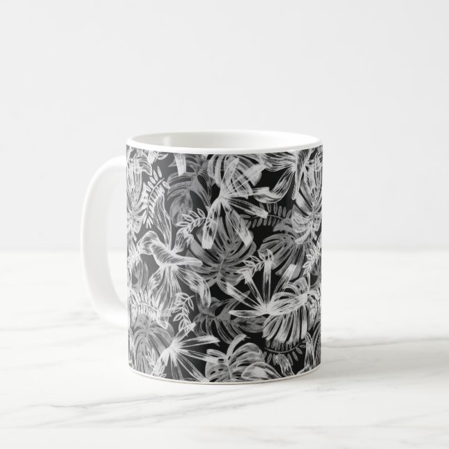 Tropische Blätter Schwarz-Weiß Kaffeetasse (Vorderseite Links)