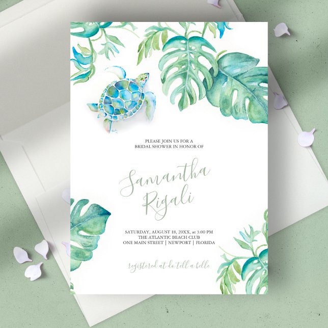 Tropische Blätter Sea Turtle Brautparty (bridal shower invitation tropical watercolor sea turtle by Victoria Grigaliunas)