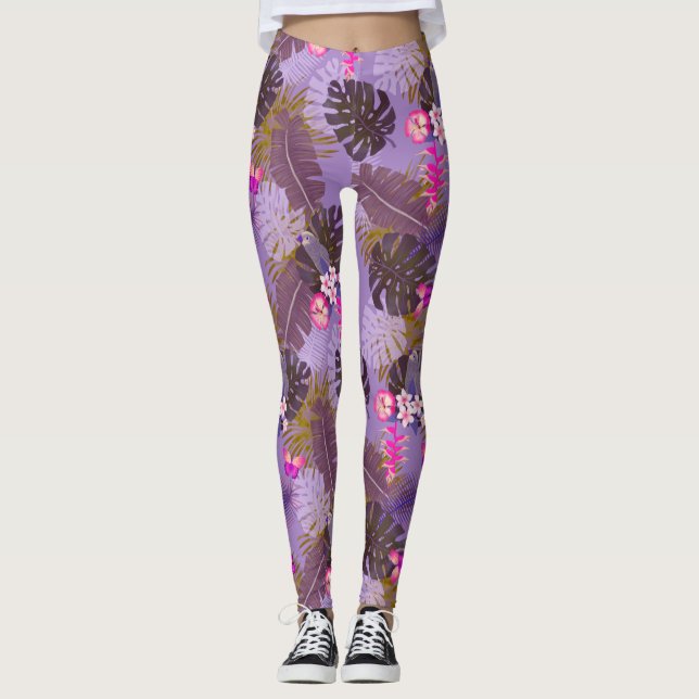 Tropische Blätter Sommer Lila Leggings (Vorderseite)