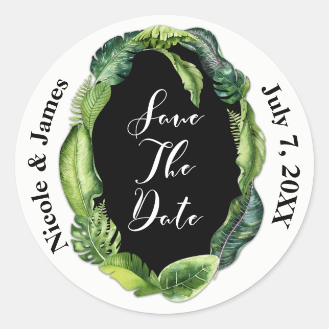 Tropische Blätter Sommerschicke Hochzeit retten Da Runder Aufkleber (Vorderseite)