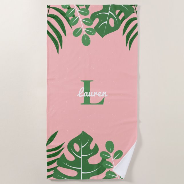 Tropische Blätter Trendy Monogram Strandtuch (Vorderseite)