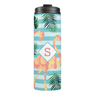 Tropische Blätter und Ananas Flamingos Monogramm Thermosbecher