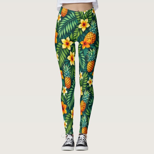 Tropische Blätter und Ananas-Muster Leggings (Vorderseite)
