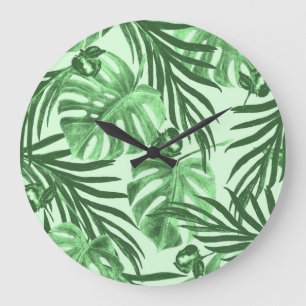 Tropische Blätter und Blume, Aquarellmuster. Große Wanduhr