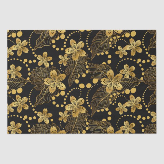 Tropische Blätter und Blume in Schwarz und Gold Seidenpapier (Vorderseite)