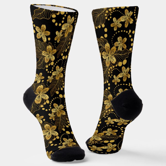 Tropische Blätter und Blume in Schwarz und Gold Socken (Gewinkelt)