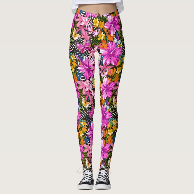 Tropische Blätter und Blume Leggings (Vorderseite)