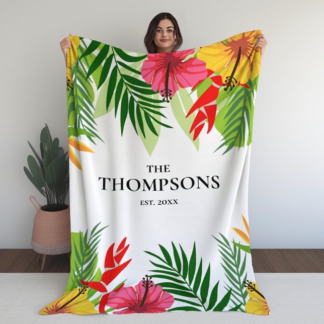 Tropische Blätter und Blume mit benutzerdefinierte Fleecedecke (Tropical Leaves and Flowers Custom Last Name Fleece Blanket)