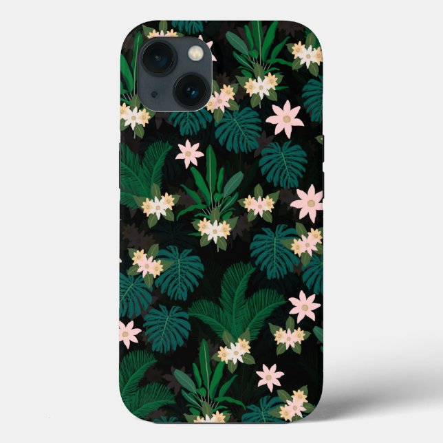 Tropische Blätter und Blume Schwarzes Muster Case-Mate iPhone Hülle (Rückseite)