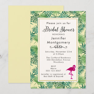Tropische Blätter und ein rosa Flamingo-Brautparty Einladung