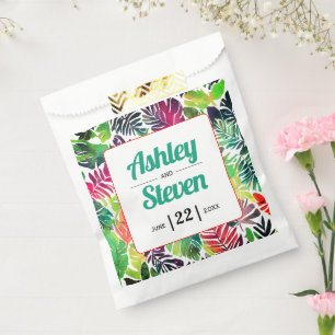 Tropische Blätter und Namen für eine Hochzeit Geschenktütchen