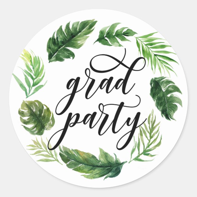 Tropische Blätter Wasserfarbe Abschluss Runder Aufkleber (Vorderseite)