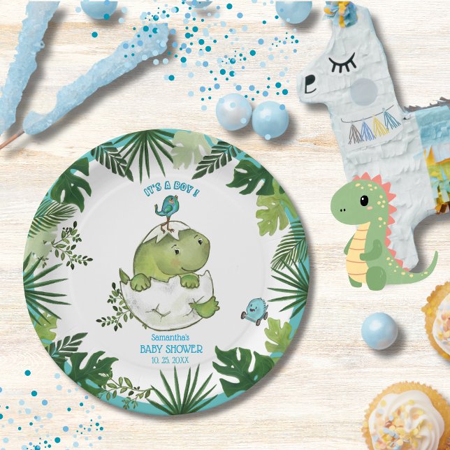 Tropische Blätter Wasserfarbe Dino Kinderdusche Te Pappteller (Watercolor Tropical Leaves Dino Baby Shower Plates)
