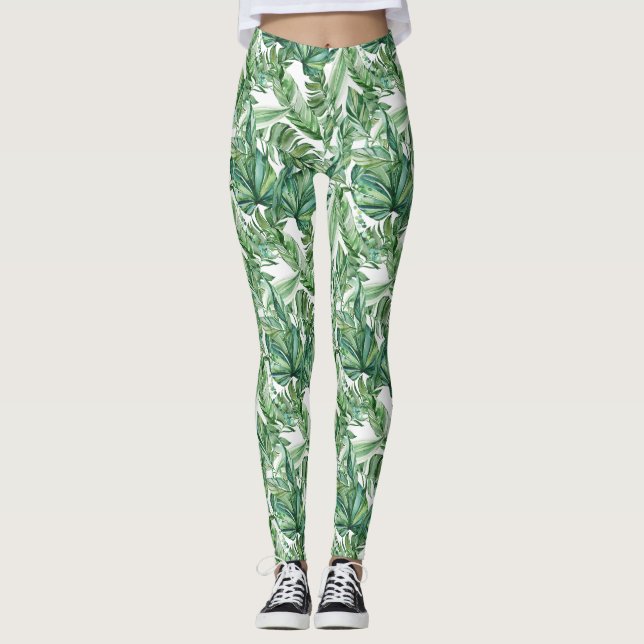 Tropische Blätter Wasserfarbe Leggings (Vorderseite)