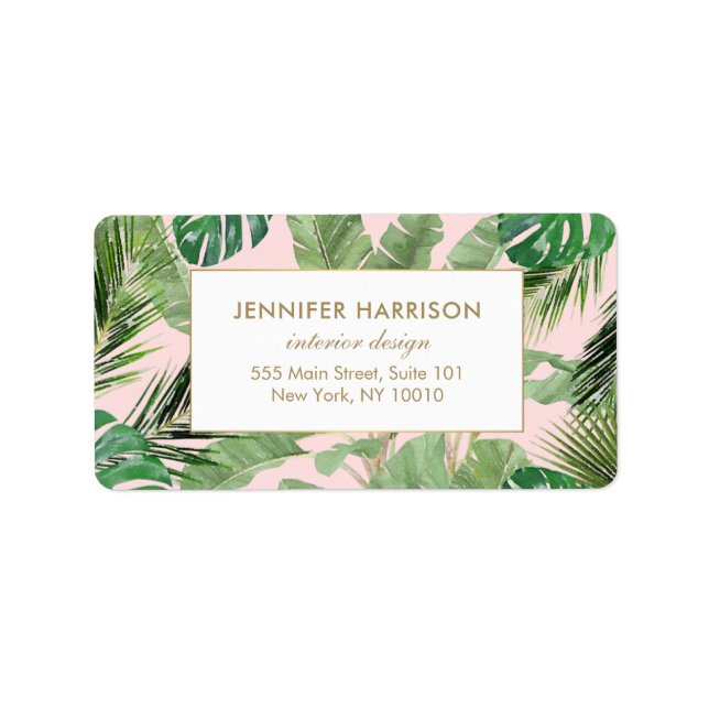 tropische Blätter Wasserfarbe Muster auf rosa Adressaufkleber (Vorne)