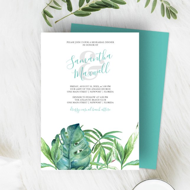 Tropische Blätter Wasserfarbe Probe Abendessen (tropical beach wedding invitations features watercolor palm leaves in shades of green. )