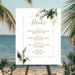 Tropische Blattgold-Hochzeitsgetränke-Menü-Zeichen Poster<br><div class="desc">Dieses Bar-Menü-Zeichen für Hochzeitsgetränke verfügt über Aquarell-grünes tropisches Blattwerk,  Monstera,  Palmen Blätter,  Bananenfische Blätter und Imitate goldene Blätter mit einem goldenen Rechteck aus Imitat. Es ist perfekt für einen tropischen,  Strand oder Hochzeit in Urlaubsort.</div>
