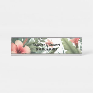 Tropische Blattwerk-Hibiskus-Schreibtisch-Schild Schreibtischnamensplakette