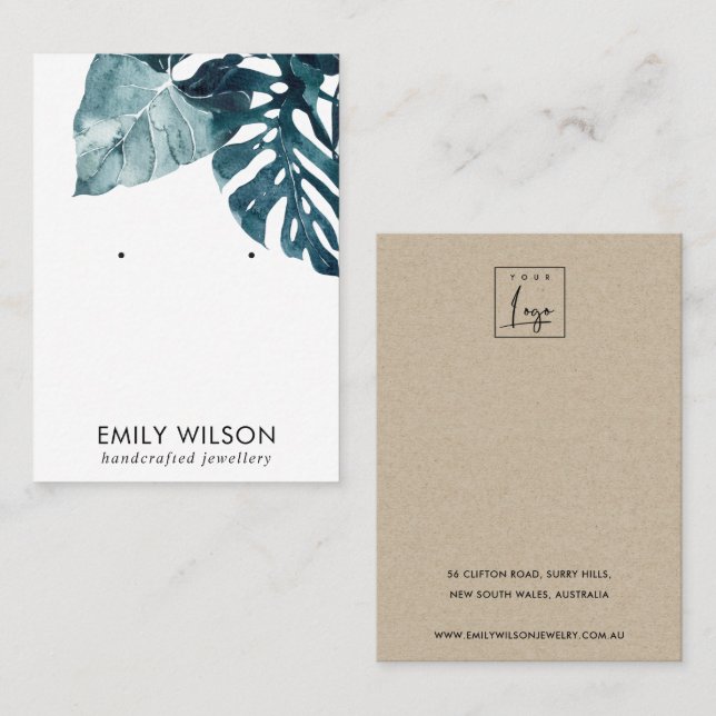 TROPISCHE BLAUE MOSTERA FAUNA STUD EARRING DISPLAY VISITENKARTE (Vorne/Hinten)