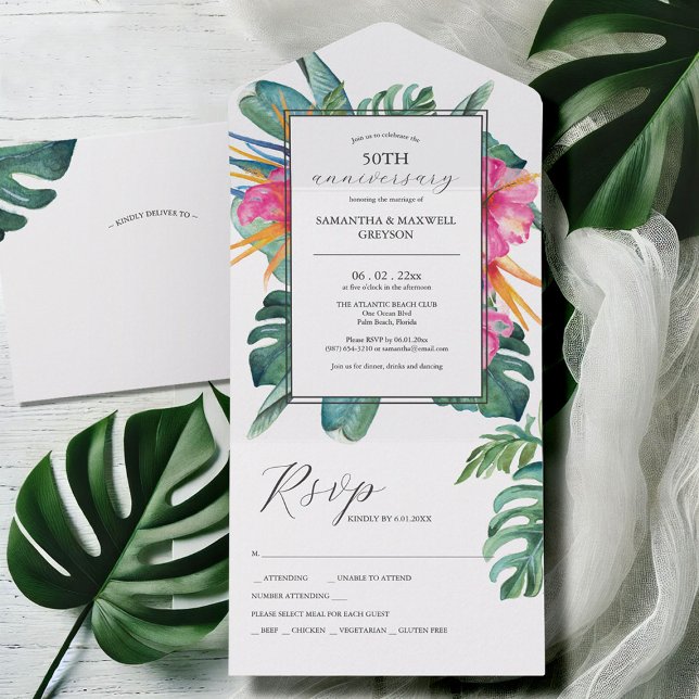 Tropische Blume 50. Hochzeitstag All In One Einladung (50th wedding anniversary invitations with rsvp watercolor tropical floral art Victoria Grigaliunas)