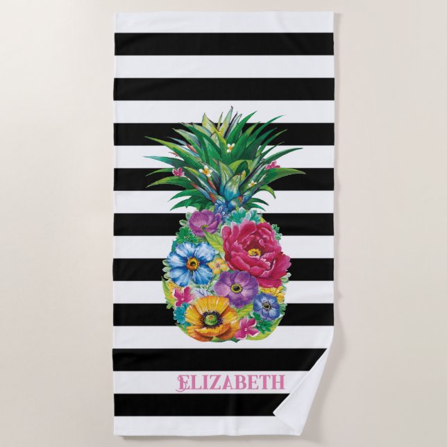 Tropische Blume Ananas Schwarze Streifen Strandtuch (Vorderseite)