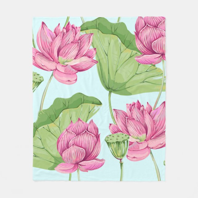 Tropische Blume, Blätter, Rosa Lotus, Fleecedecke (Vorderseite)