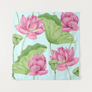 Tropische Blume, Blätter, Rosa Lotus,  Wandteppich