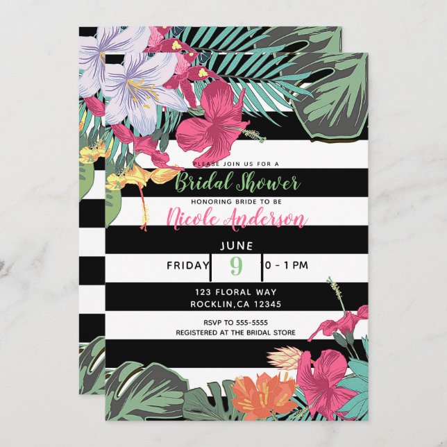 Tropische Blume Blätter Schwarz-weiße Streifen Einladung (Vorne/Hinten)