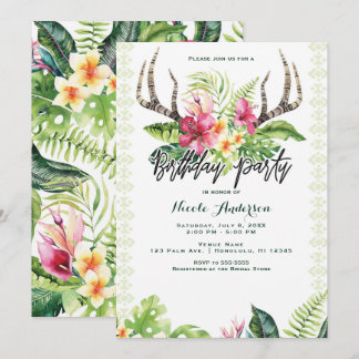 Tropische Blume Boho Rustic Antler Geburtstagspart Einladung