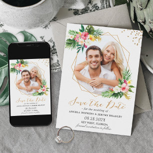 Tropische Blume Goldenes geometrisches Foto Save The Date