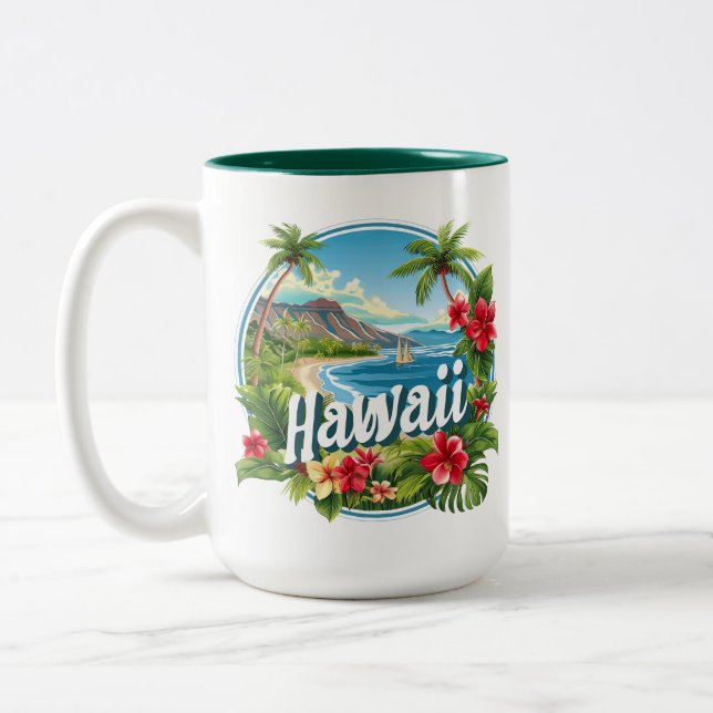 Tropische Blume Hawaii Beach Mountains Zweifarbige Tasse (Links)