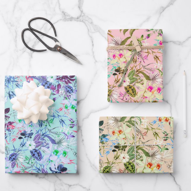 Tropische Blume Hawaiianisches Blumenmuster Geschenkpapier Set (Vorderseite)