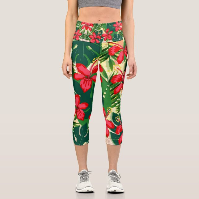 Tropische Blume Hibiscis funky florale Kunst Capri Leggings (Vorderseite)