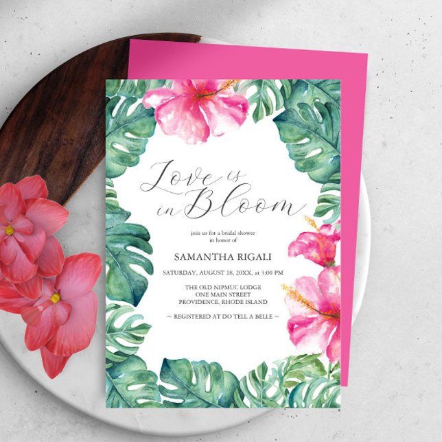 Tropische Blume Liebe ist im blühenden Brautparty Einladung (Love is in bloom bridal shower invitation pink watercolor hibiscus flowers by Victoria Grigaliunas)