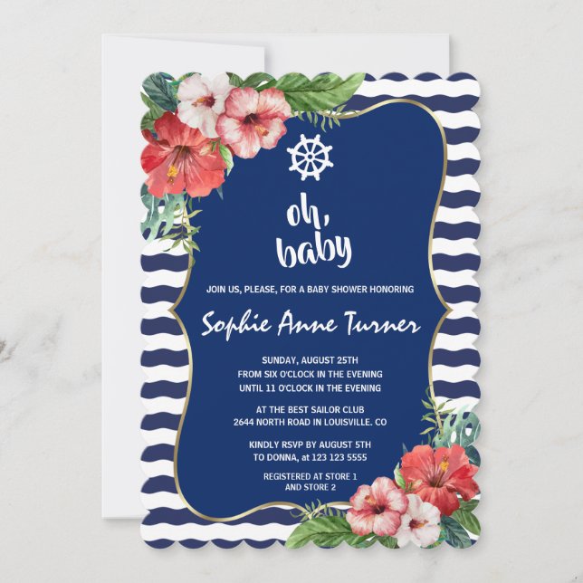Tropische Blume Luau Navy Stripes BABY SHOWER Einladung (Vorderseite)