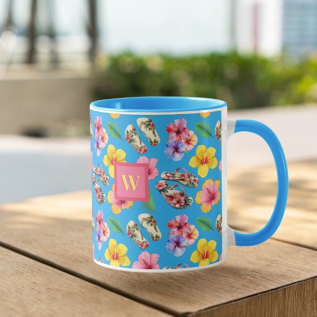 Tropische Blume mit FlipFlops Pink Monogramm auf b Tasse (Von Creator hochgeladen)
