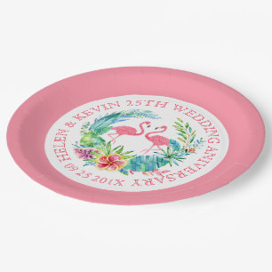 Tropische Blume mit rosa Flamingos Pappteller