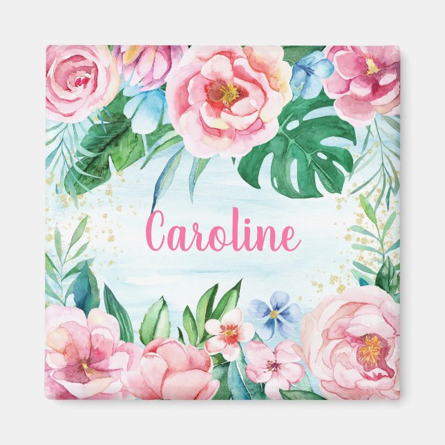 Tropische Blume Palmen Blätter Rosa Grünes Wasser Magnet (Vorne)