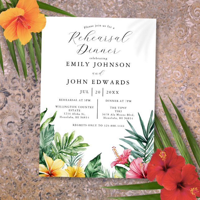 Tropische Blume Probe Abendessen Einladung (Watercolor Tropical Flowers Rehearsal Dinner Invitation)