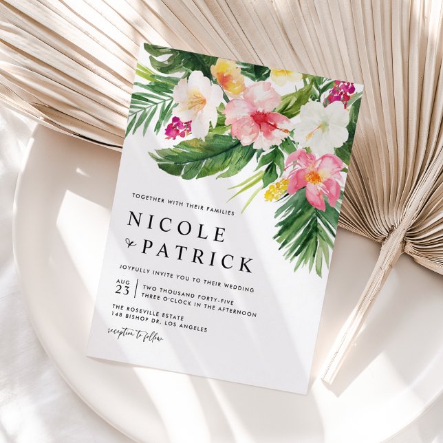 Tropische Blume QR-Code Hochzeit Einladungspostkarte (Watercolor Tropical Flowers QR Code Wedding Invitation Postcard)