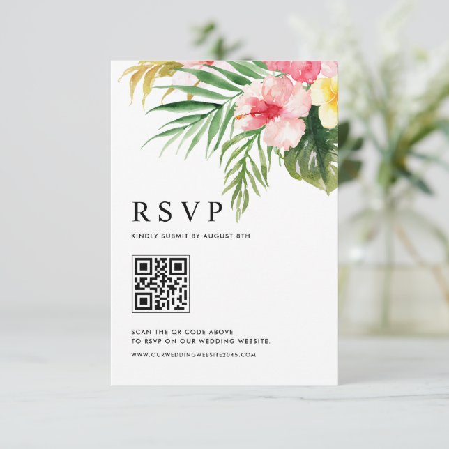 Tropische Blume QR-Code Hochzeit RSVP Karte (Stehend Vorderseite)