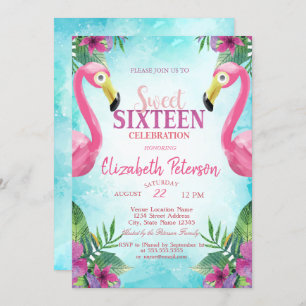Tropische Blume Rosa Flamingos Sweet 16 Party Einladung