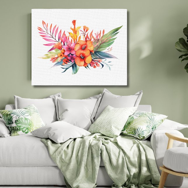 tropische Blume Rosa Pfirsichgelb Orange Leinwanddruck (Tropical Floral Flowers Greenery in Wall Art Canvas. Colors are Pink Peach Orange Yellow Green)