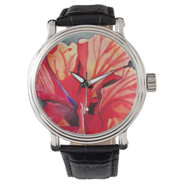 Tropische Blume Roter Hibiskus Aquarellkunst Armbanduhr (Vorderseite)