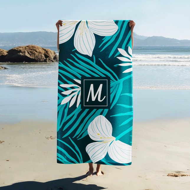 Tropische Blume Script Monogram Beach Handtuch (Von Creator hochgeladen)