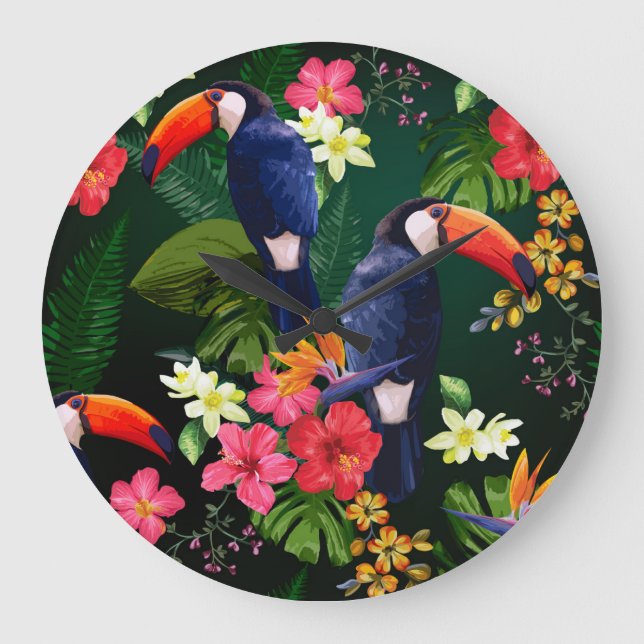 Tropische Blume, Toucan: floraler Hintergrund. Große Wanduhr (Vorderseite)