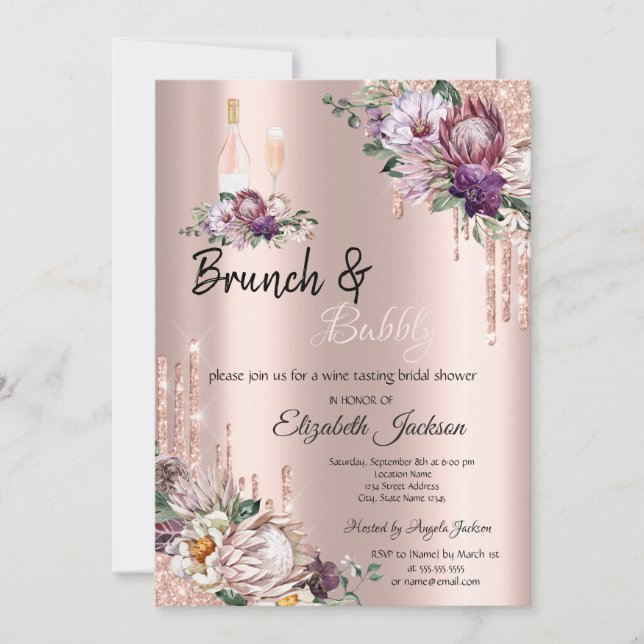 Tropische Blume Tropfen Rose Gold Brunch & Bubbly Einladung (Vorderseite)
